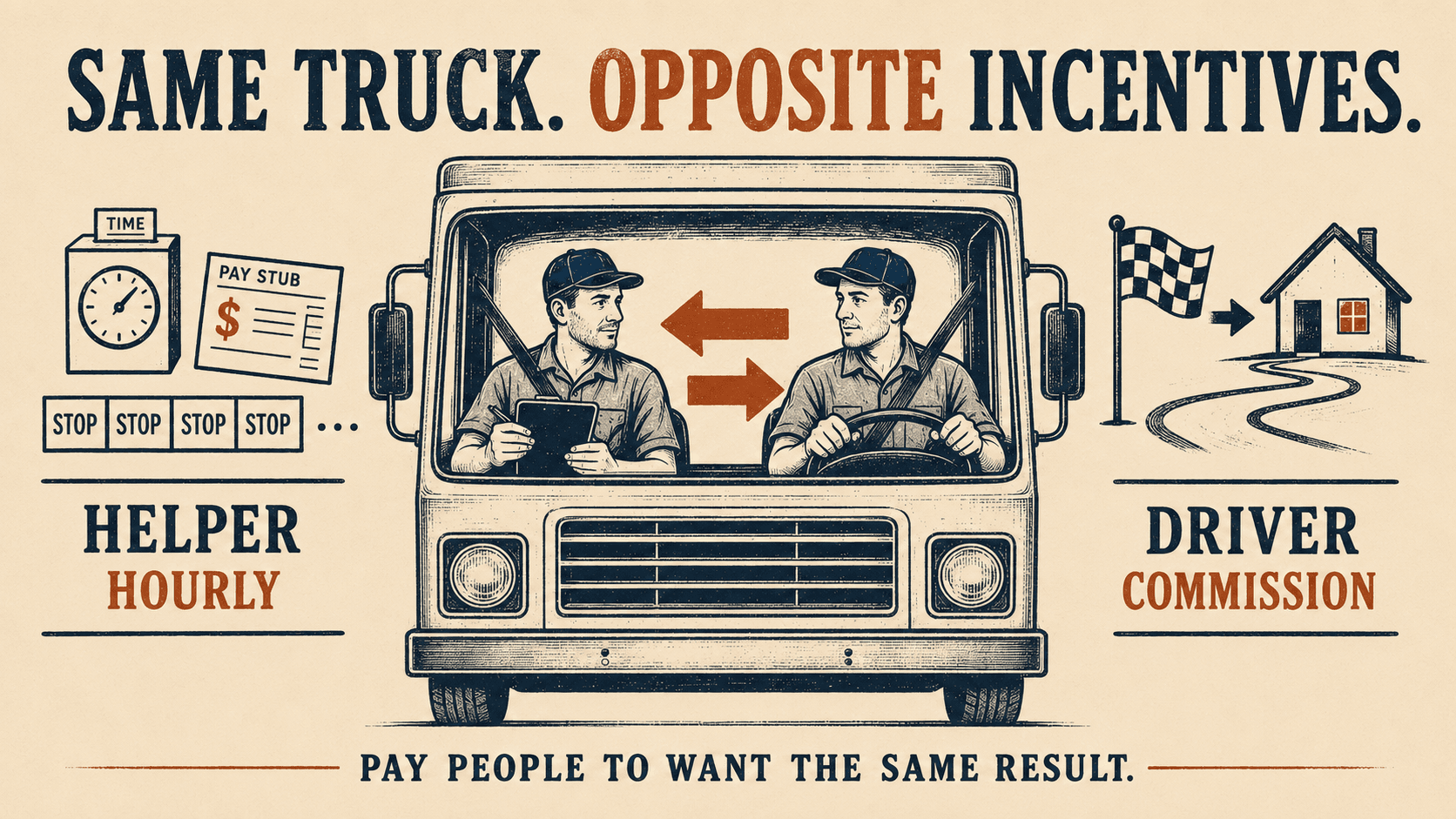 Vintage letterpress illustration of a delivery driver and helper in the same truck with arrows pointing in opposite directions, showing the conflict between hourly pay and commission.