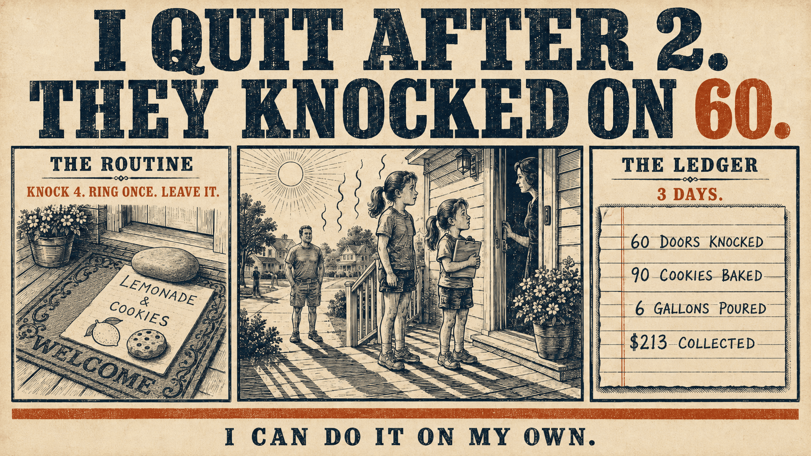 Letterpress broadside in three panels: a hand colored lemonade and cookies flyer left on a doormat, two young sisters standing at a neighbor's front door while their father waits back on the sidewalk, and a ledger reading 60 doors knocked, 90 cookies baked, 6 gallons poured, 213 dollars collected.
