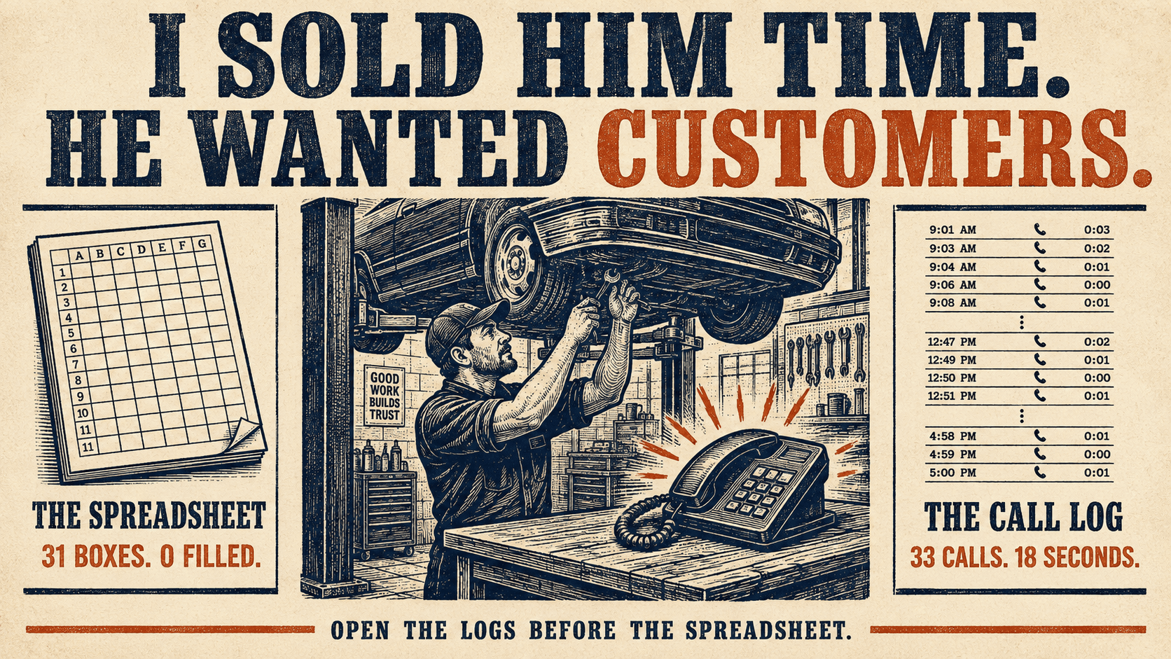 Letterpress illustration in three panels: a blank pricing spreadsheet labeled 31 boxes 0 filled, a mechanic working under a raised car while a phone rings unanswered on the bench, and a call log of 33 calls lasting seconds each.