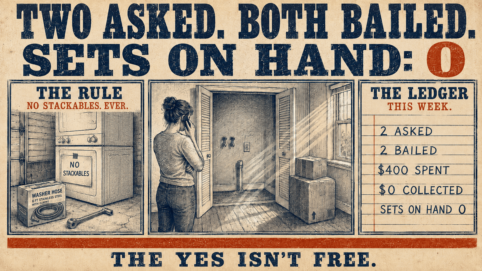 Letterpress broadside in three panels: a stacked washer and dryer in a garage with a card taped to it reading no stackables and an unopened washer hose box on the floor beside a socket wrench, a woman on her phone standing at the open doors of an empty apartment laundry closet with moving boxes beside her, and a ledger reading 2 asked, 2 bailed, 400 dollars spent, 0 dollars collected, sets on hand 0.
